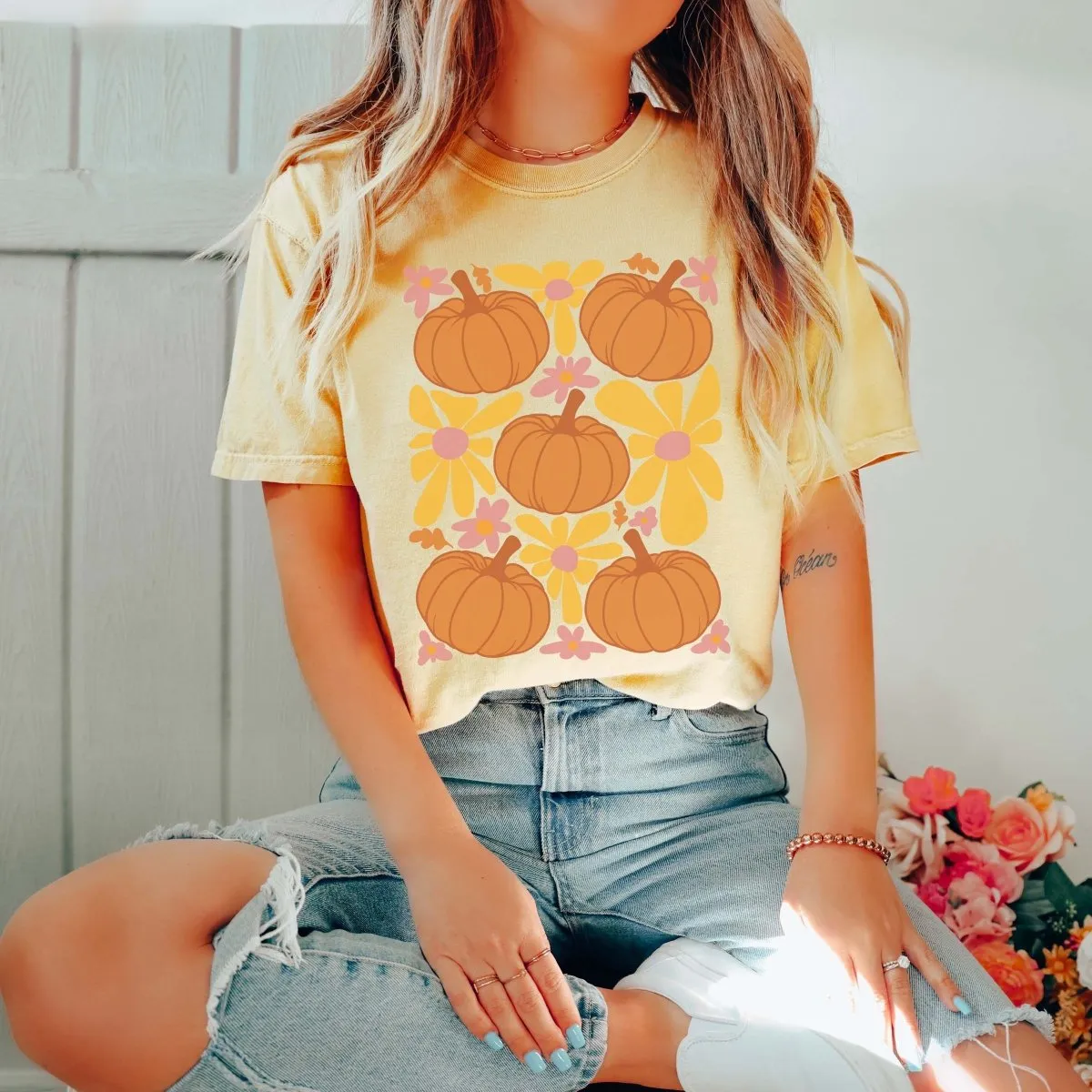 Pumpkin Collage With Flowers Comfort Color Wholesale Tee - Quick Shipping