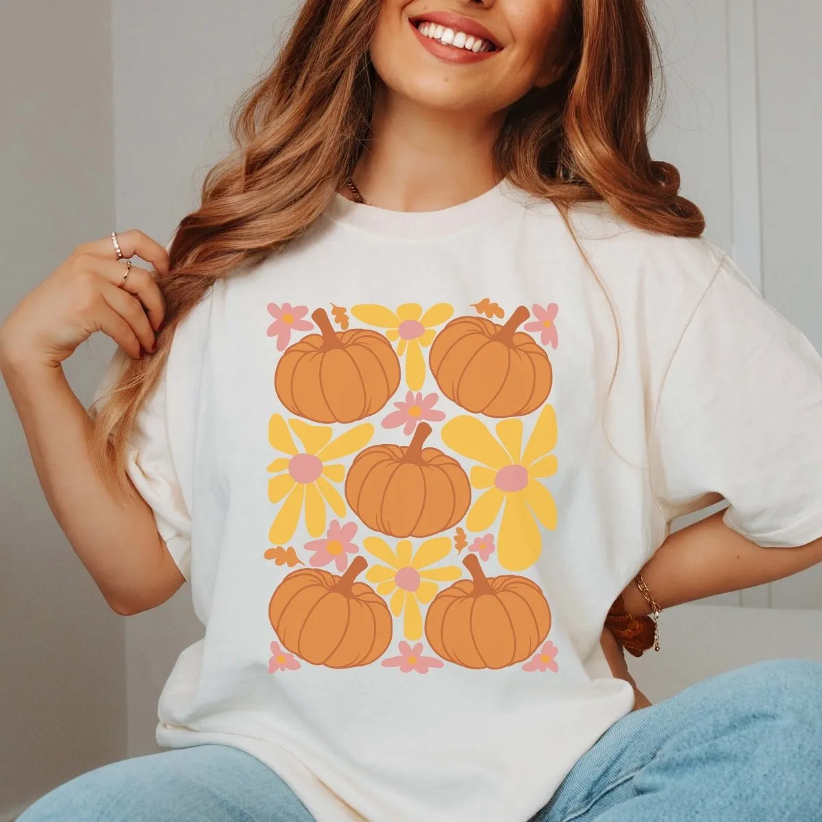 Pumpkin Collage With Flowers Comfort Color Wholesale Tee - Quick Shipping