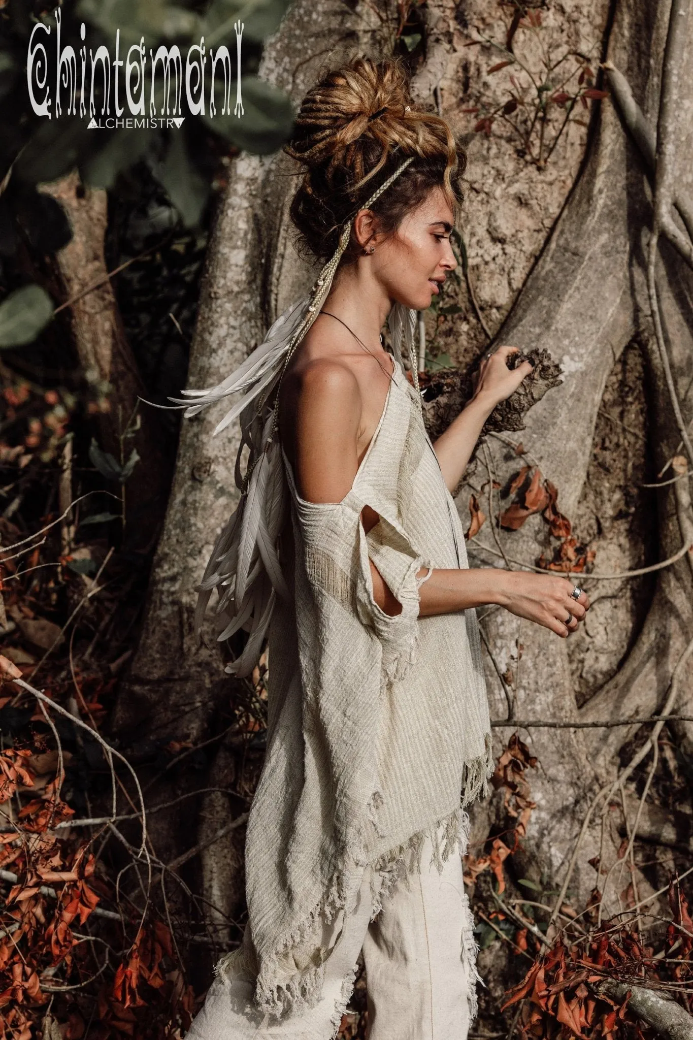 Raw Cotton Bohemian Poncho Top / Off Shoulder / Beige & White