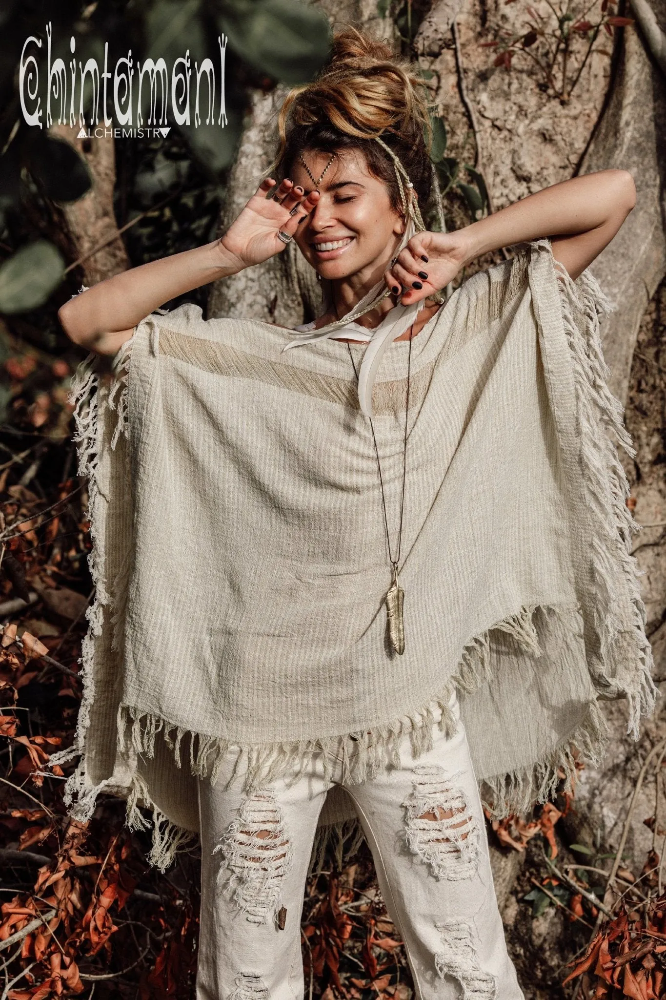 Raw Cotton Bohemian Poncho Top / Off Shoulder / Beige & White