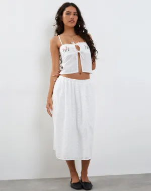 Rusma Midi Skirt in White Broderie