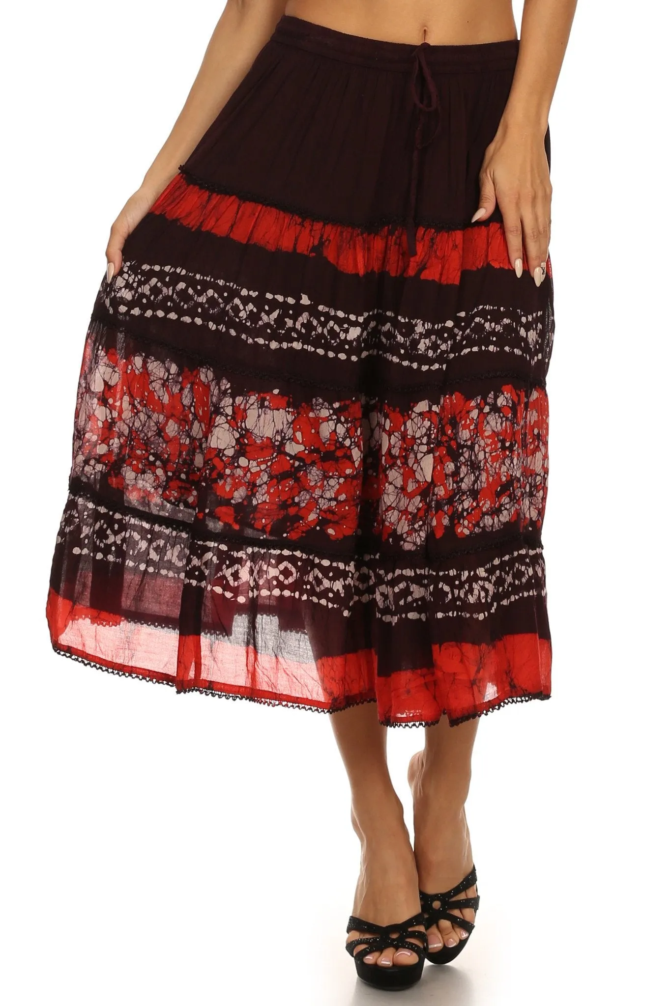 Sakkas Layla Adjustable Waist Batik Tiered Mid-length Skirt