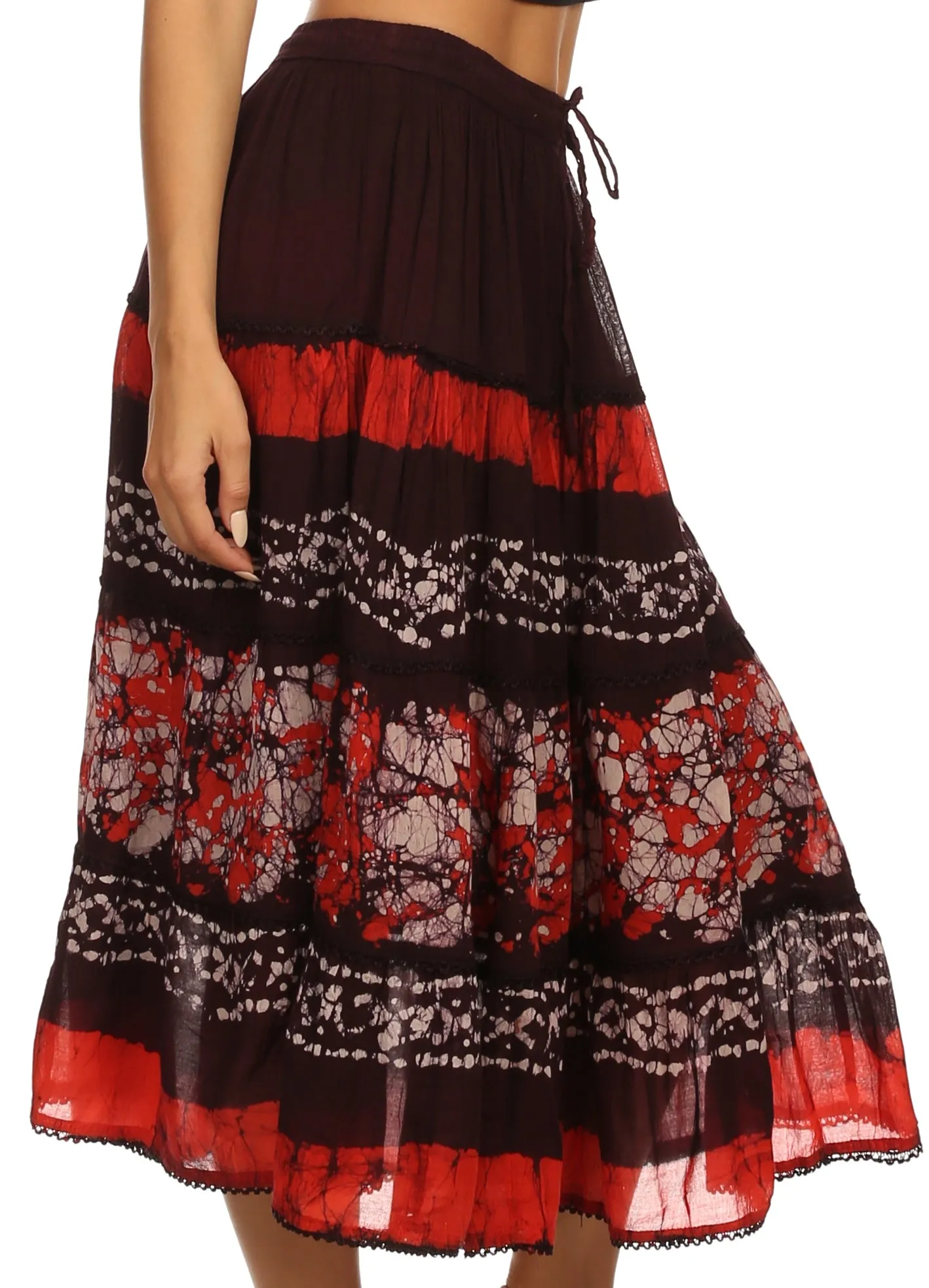 Sakkas Layla Adjustable Waist Batik Tiered Mid-length Skirt