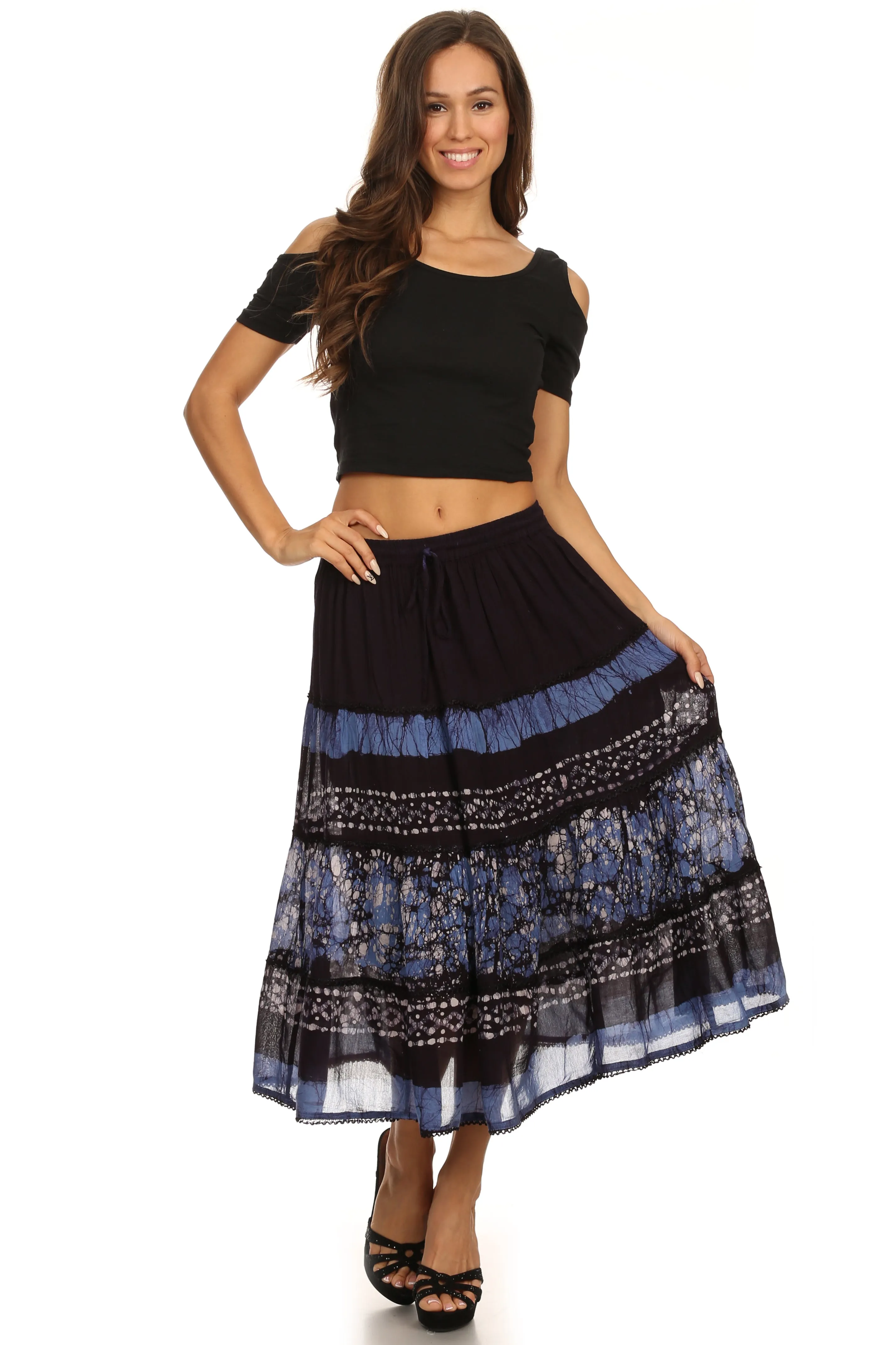 Sakkas Layla Adjustable Waist Batik Tiered Mid-length Skirt