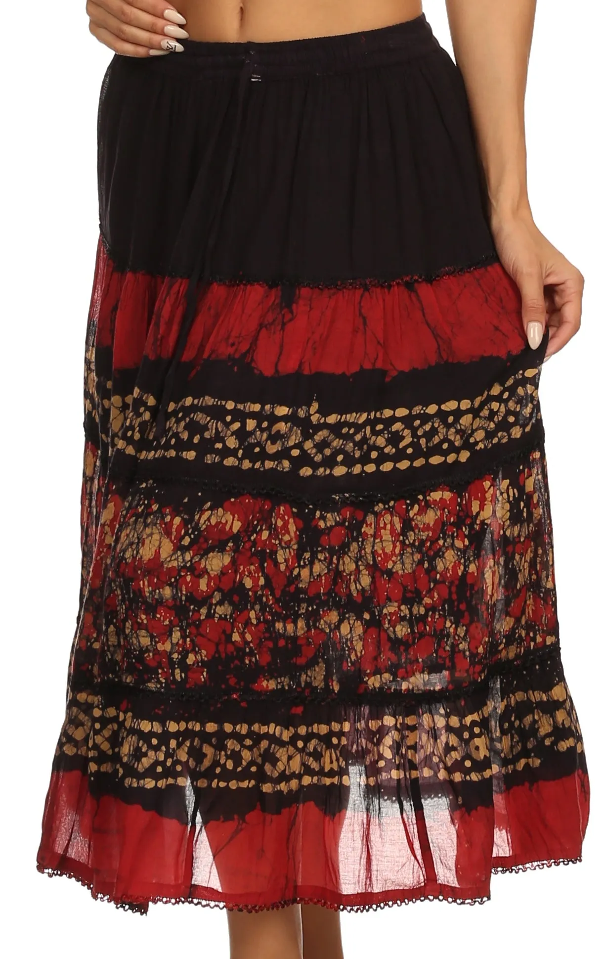 Sakkas Layla Adjustable Waist Batik Tiered Mid-length Skirt