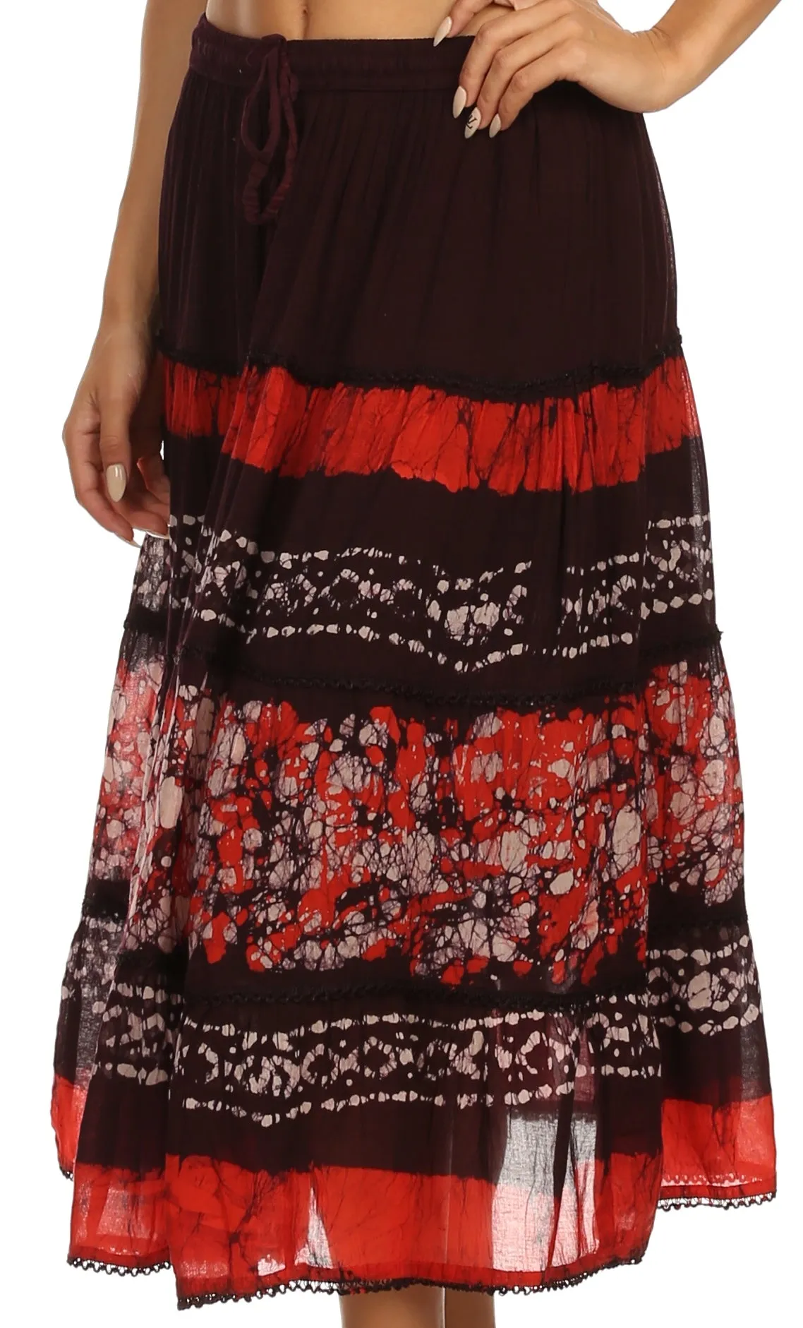 Sakkas Layla Adjustable Waist Batik Tiered Mid-length Skirt