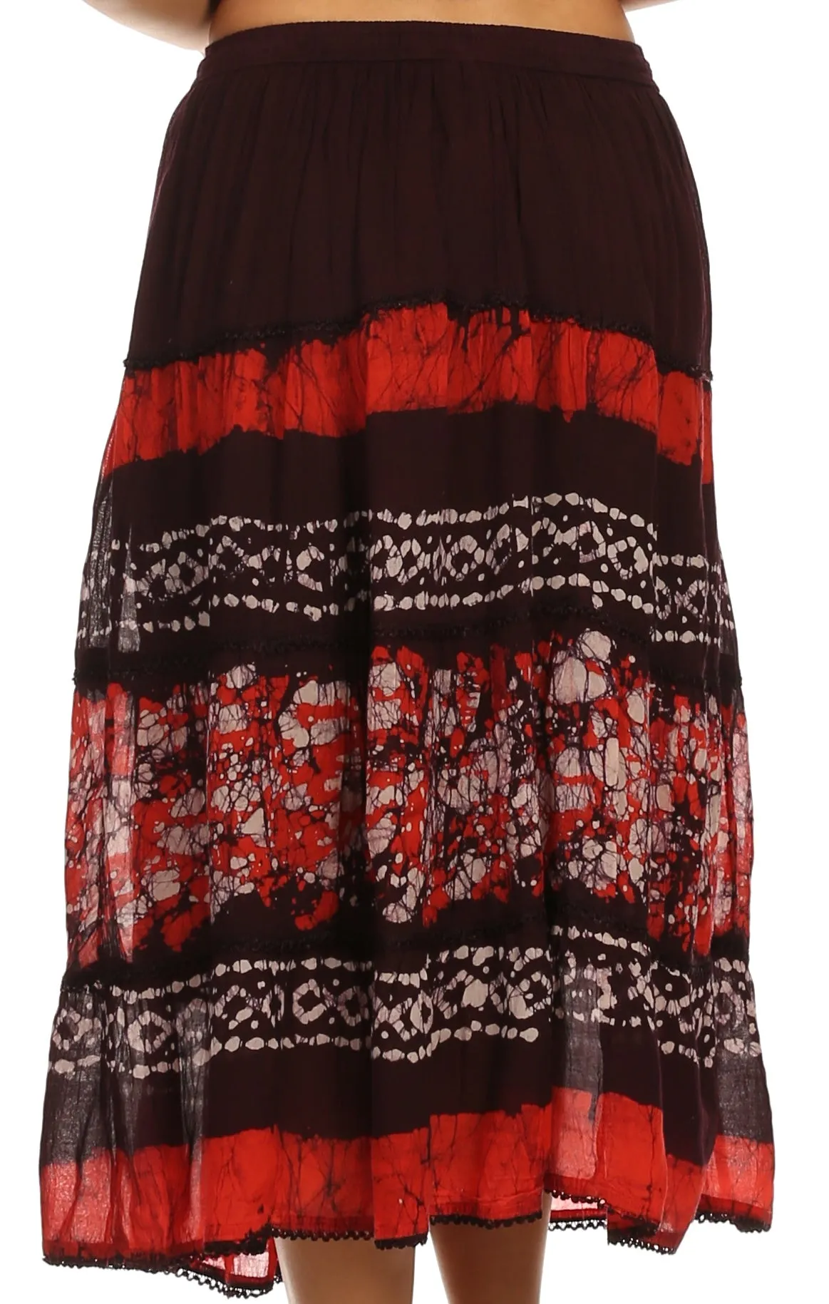 Sakkas Layla Adjustable Waist Batik Tiered Mid-length Skirt