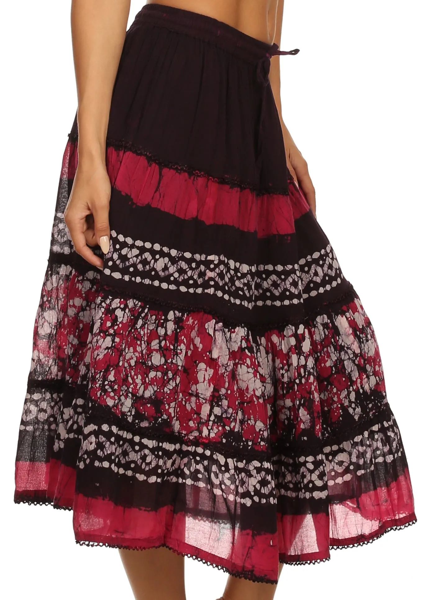 Sakkas Layla Adjustable Waist Batik Tiered Mid-length Skirt