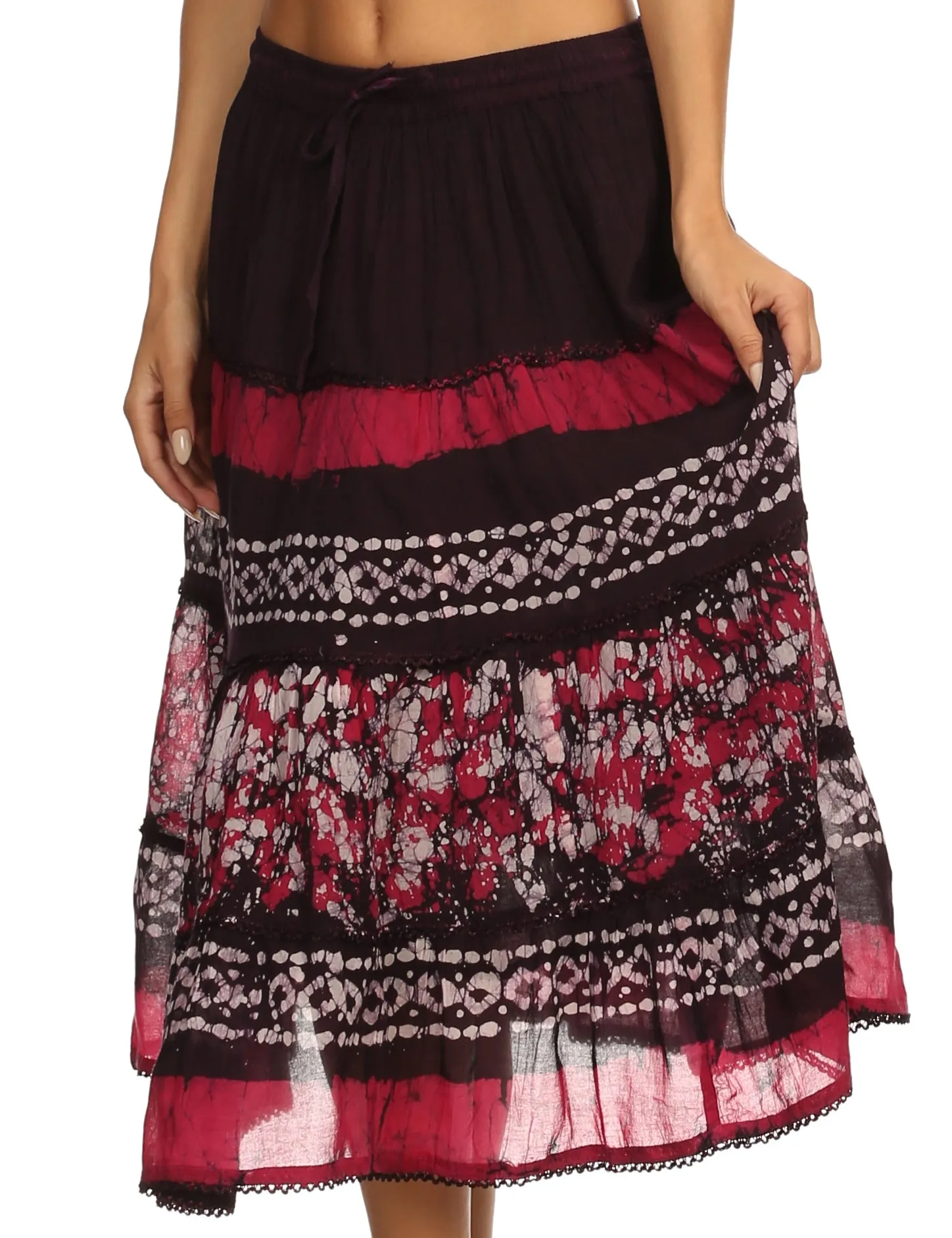 Sakkas Layla Adjustable Waist Batik Tiered Mid-length Skirt