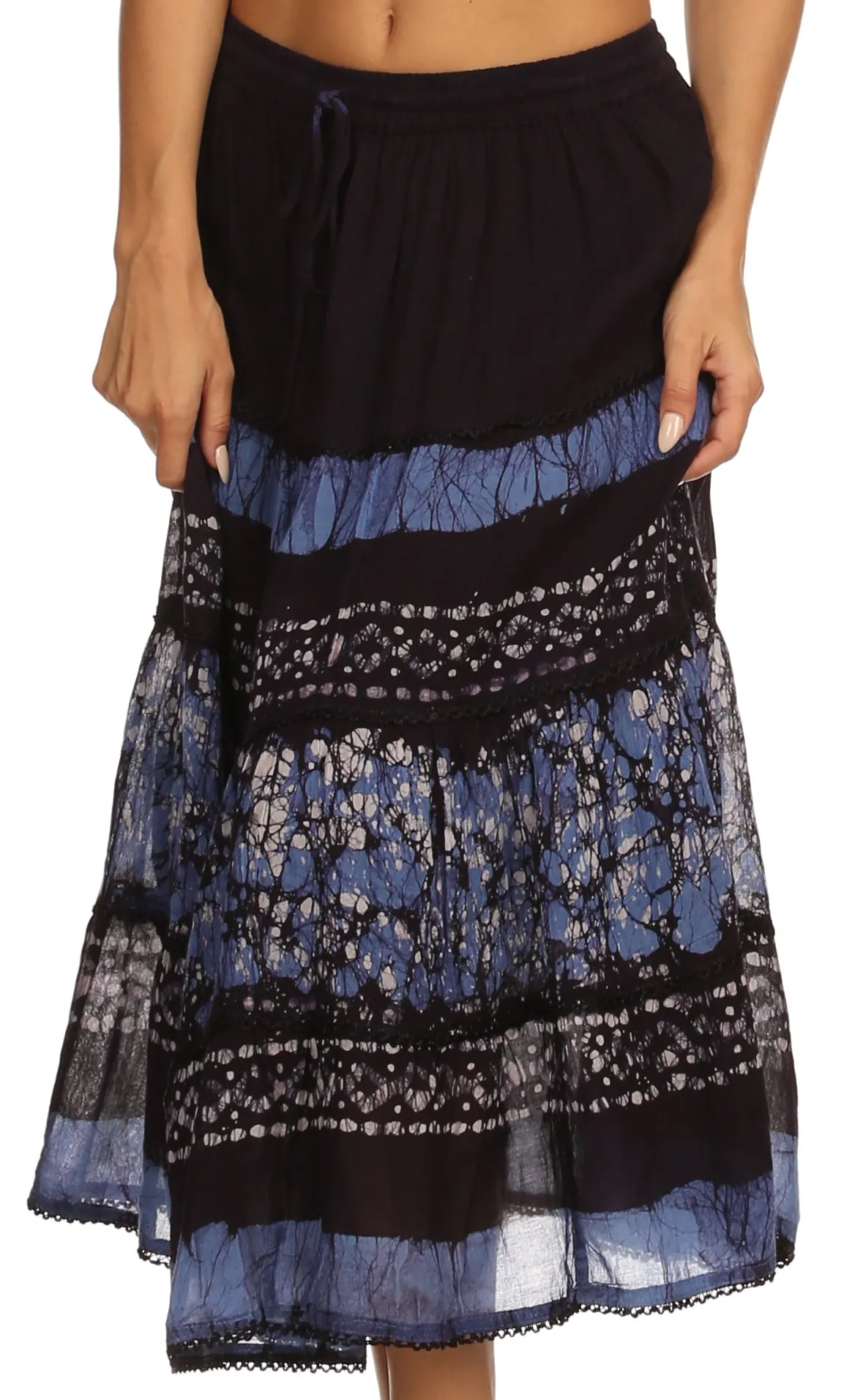 Sakkas Layla Adjustable Waist Batik Tiered Mid-length Skirt