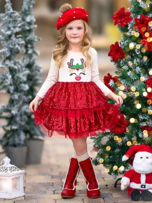 Sparkling Reindeer Sequin Long Sleeve Tutu Dress