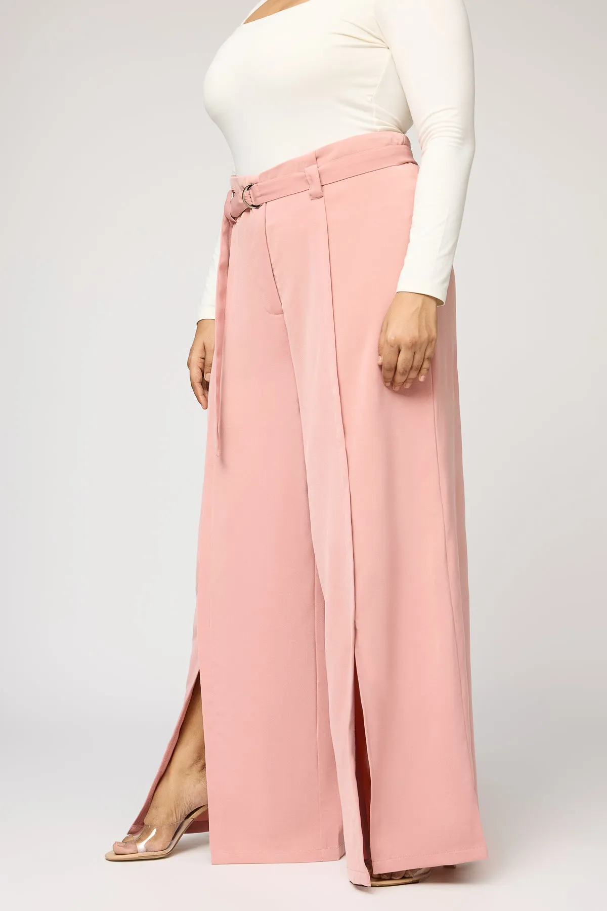 Sweet Peony Curve Belted Flared Korean Pants