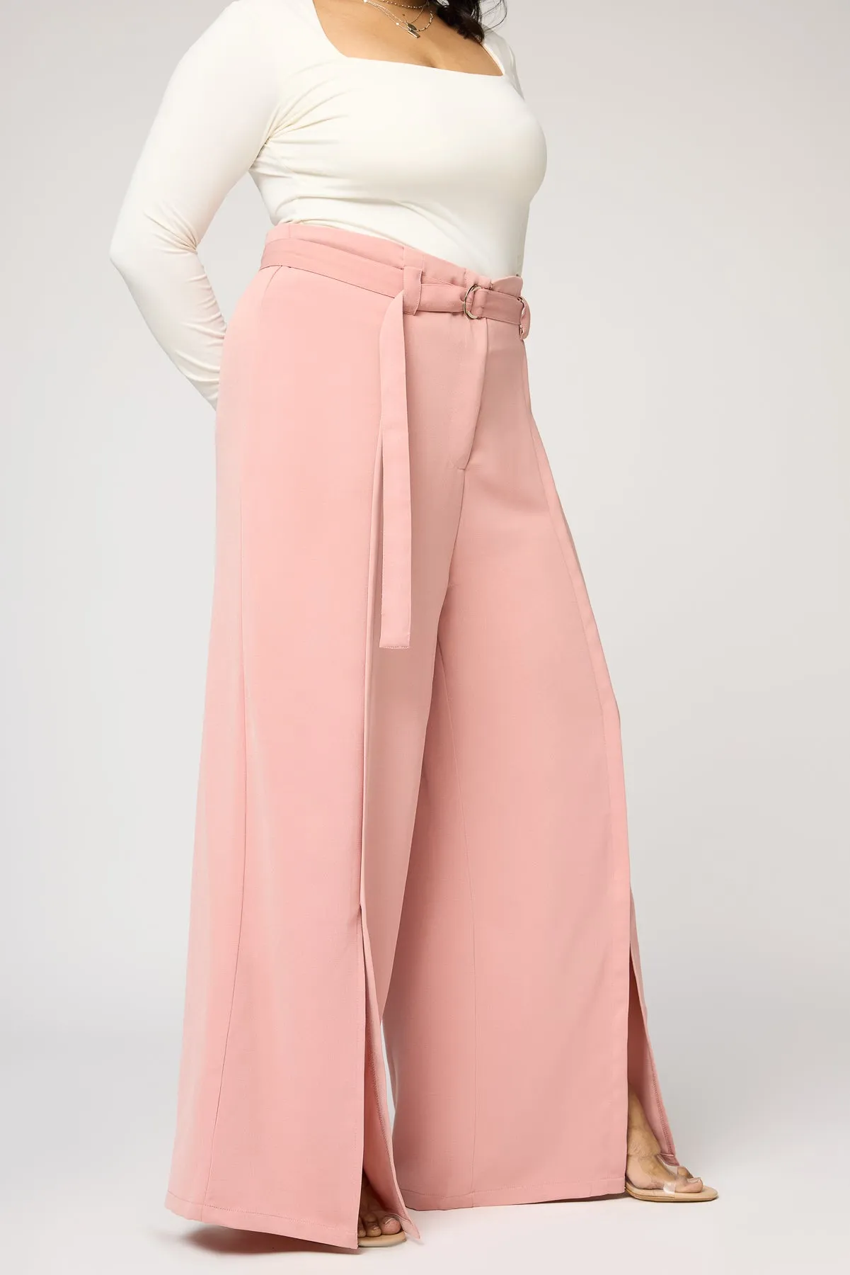 Sweet Peony Curve Belted Flared Korean Pants