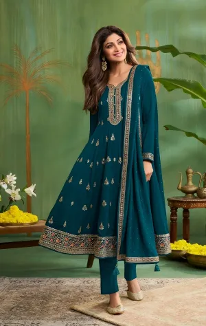 Teal Embellished Raw Silk Anarkali Set