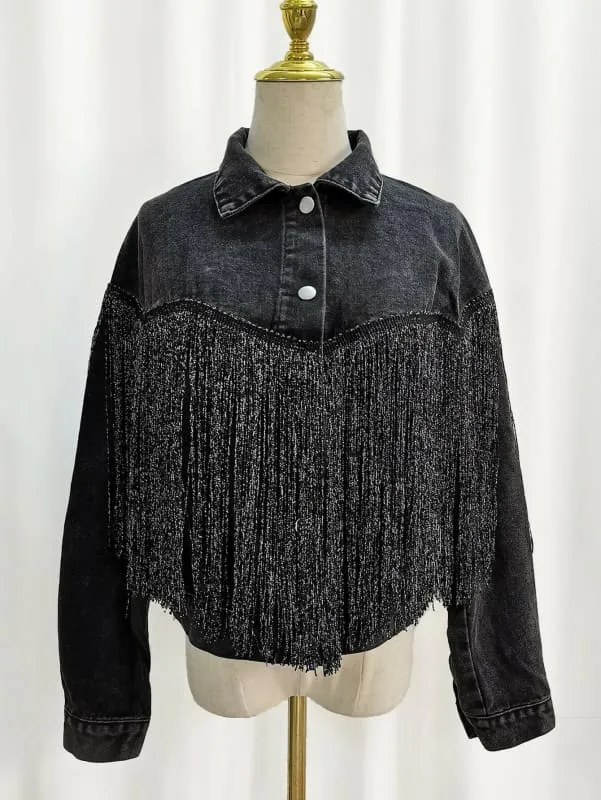 Trendy Cowboy Jacket with Fashionable Tassel Flip Collar for Women