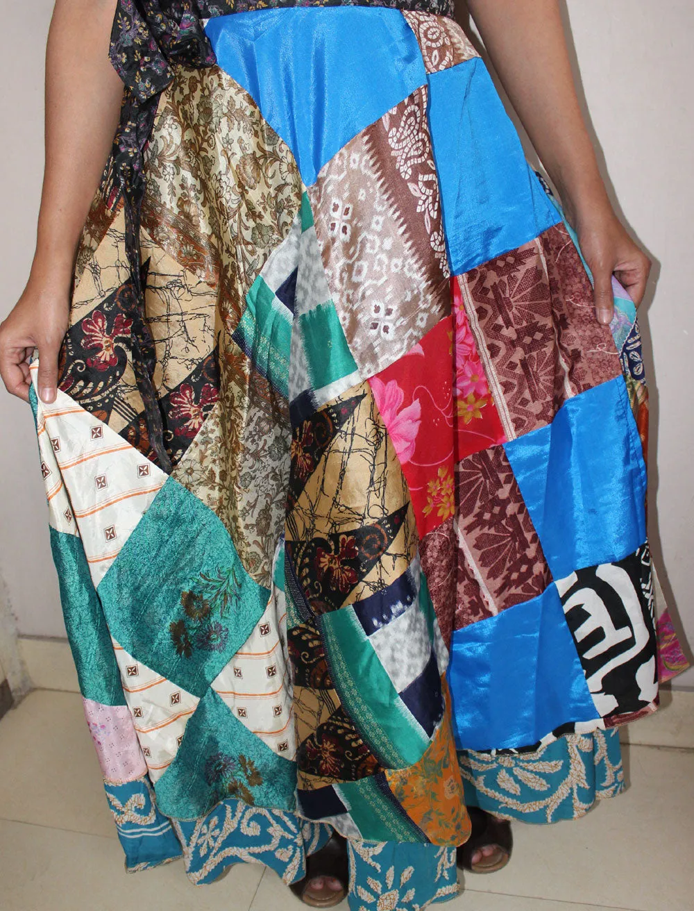 Vintage Silk Sari Recycled Patchwork Magic Wrap Around Skirt Reversible Dress