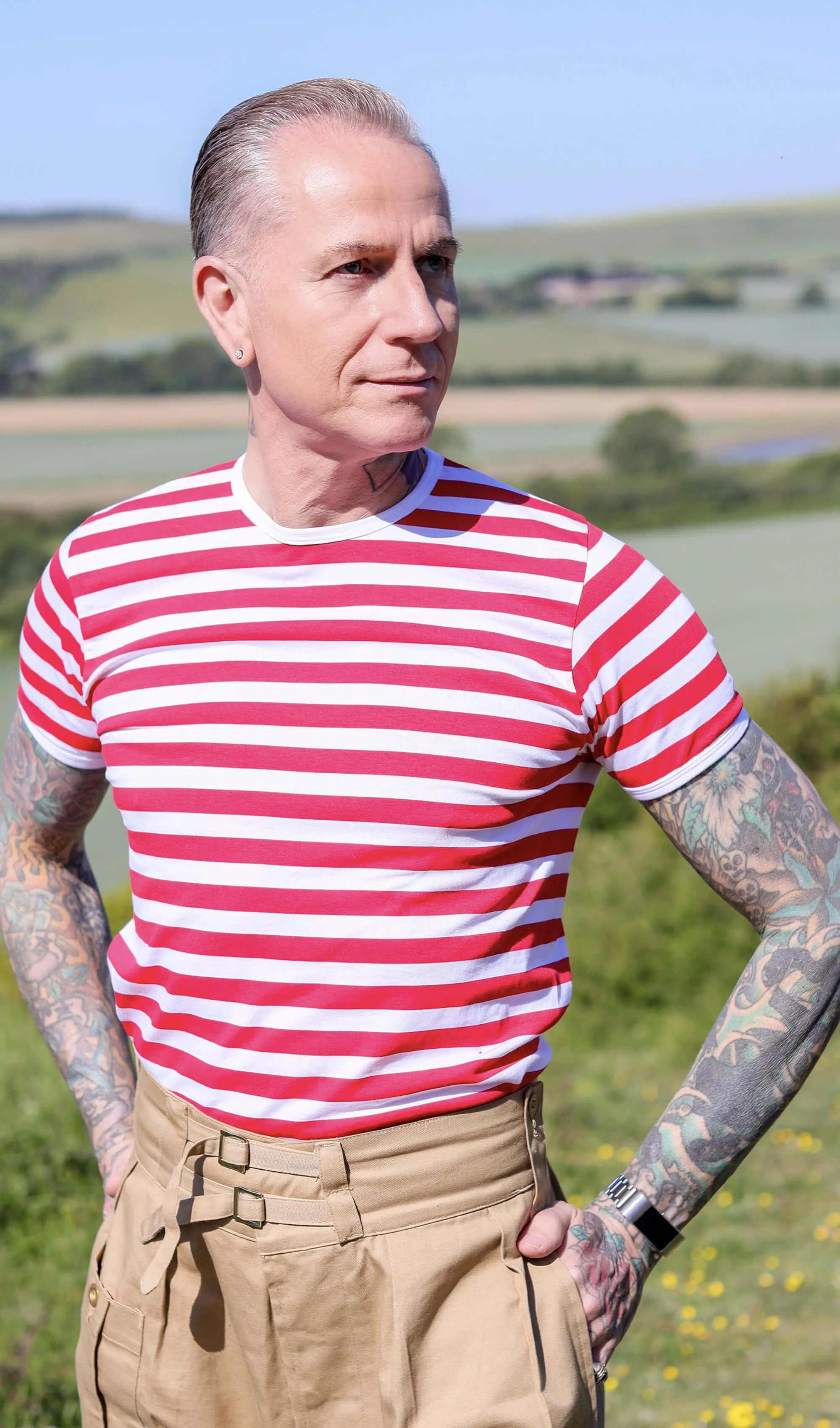 White & Red Stripe Short Sleeve T Shirt