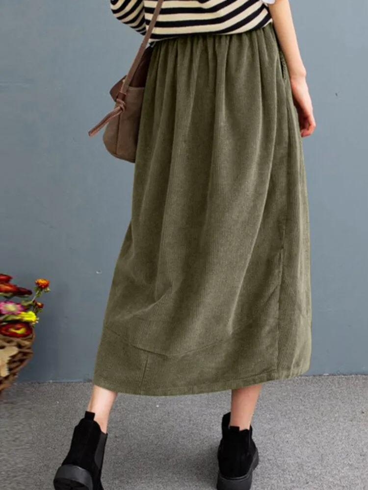 Women Corduroy Solid Elastic Waist Leisure Skirt With Side Pockets