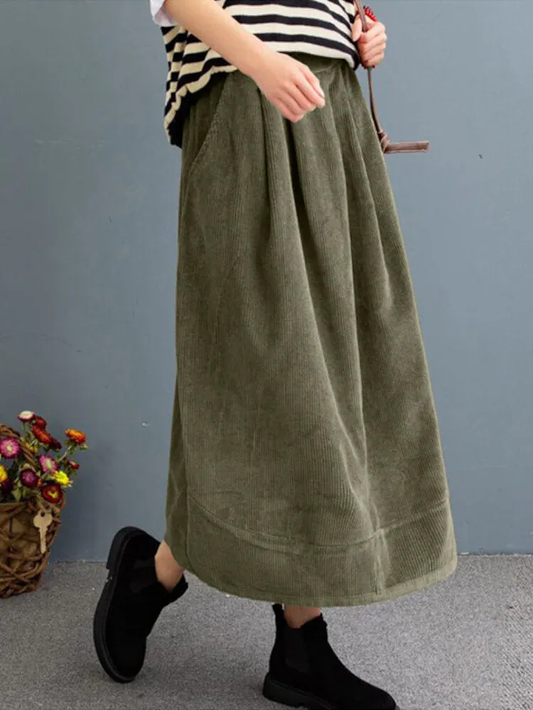 Women Corduroy Solid Elastic Waist Leisure Skirt With Side Pockets