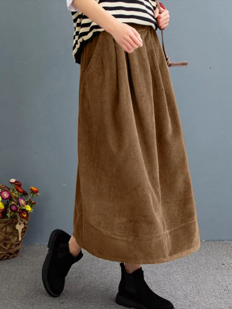 Women Corduroy Solid Elastic Waist Leisure Skirt With Side Pockets