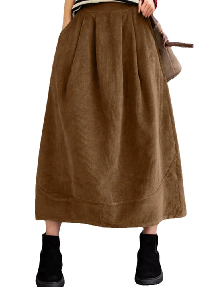 Women Corduroy Solid Elastic Waist Leisure Skirt With Side Pockets