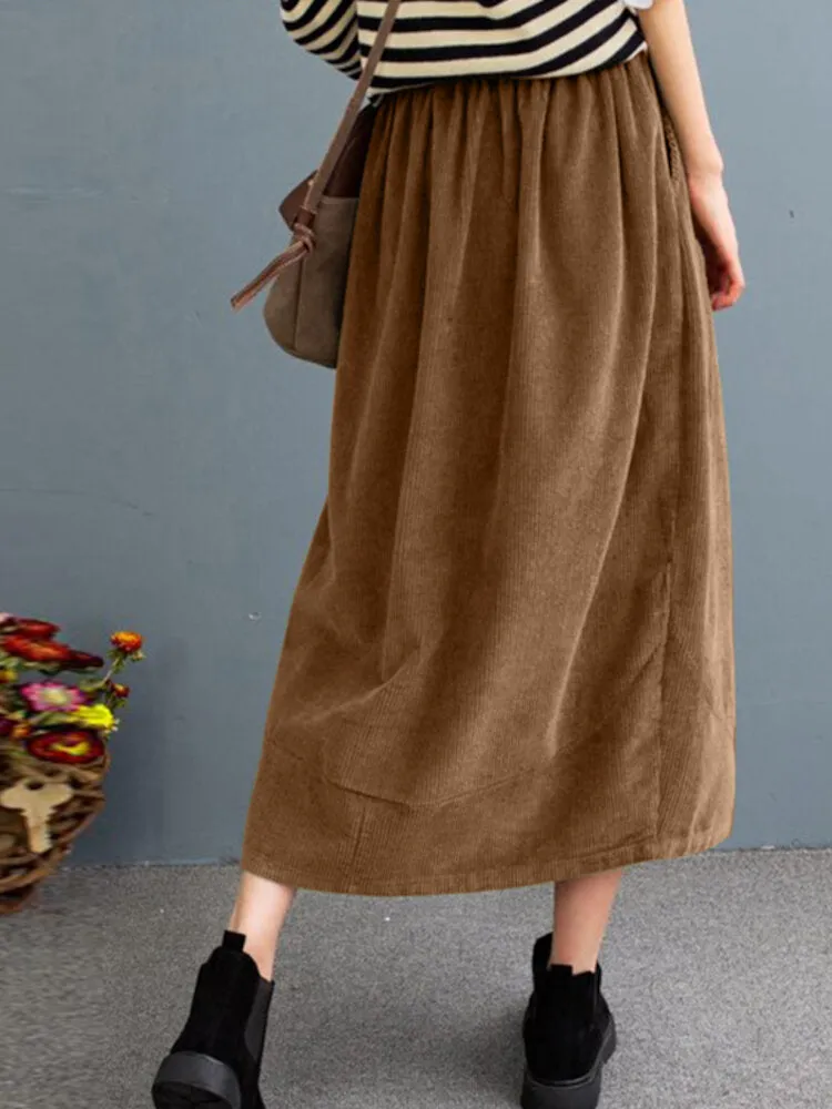 Women Corduroy Solid Elastic Waist Leisure Skirt With Side Pockets