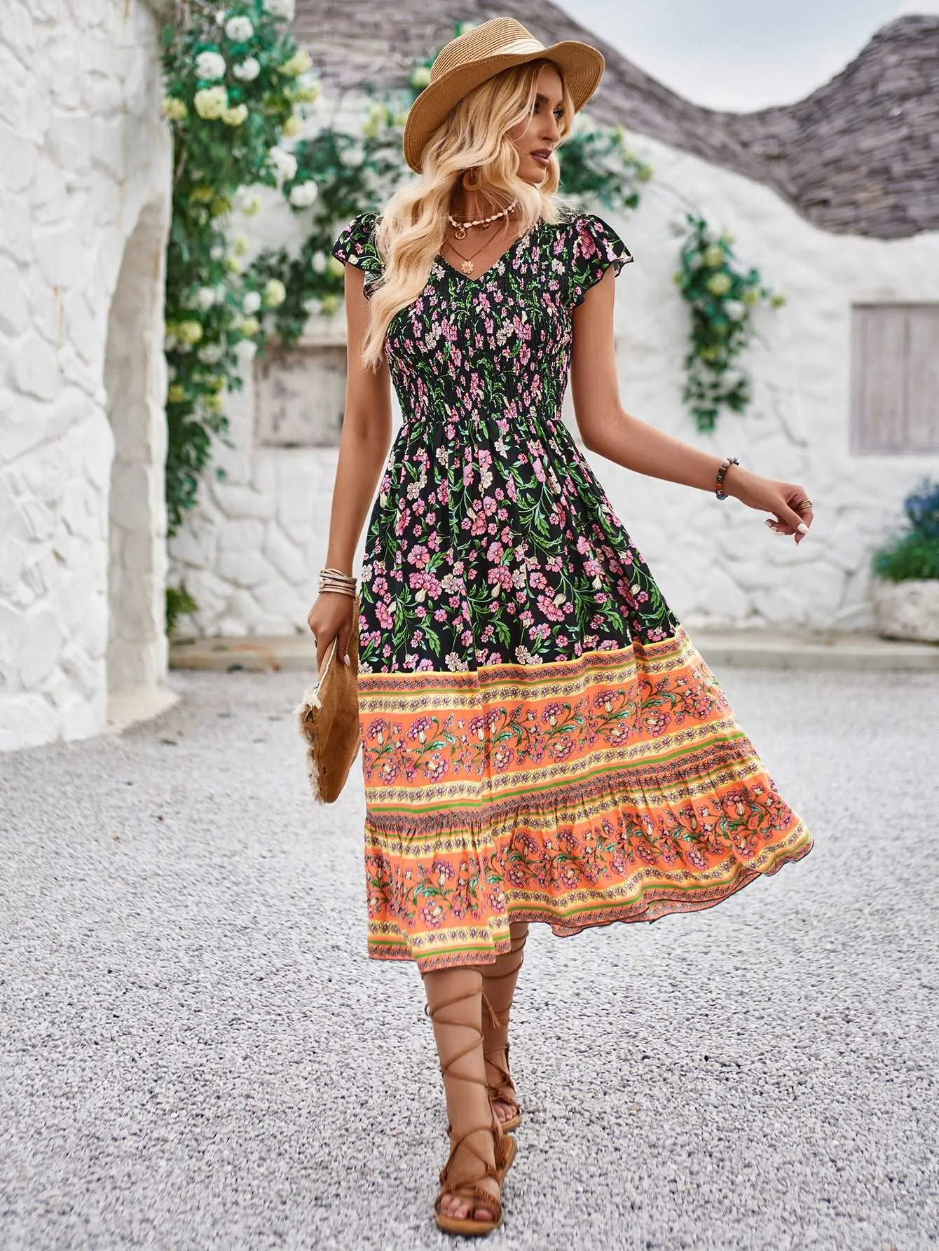 Women's Casual Bohemian Flower Print V-neck Ruffle Sleeveless Dress