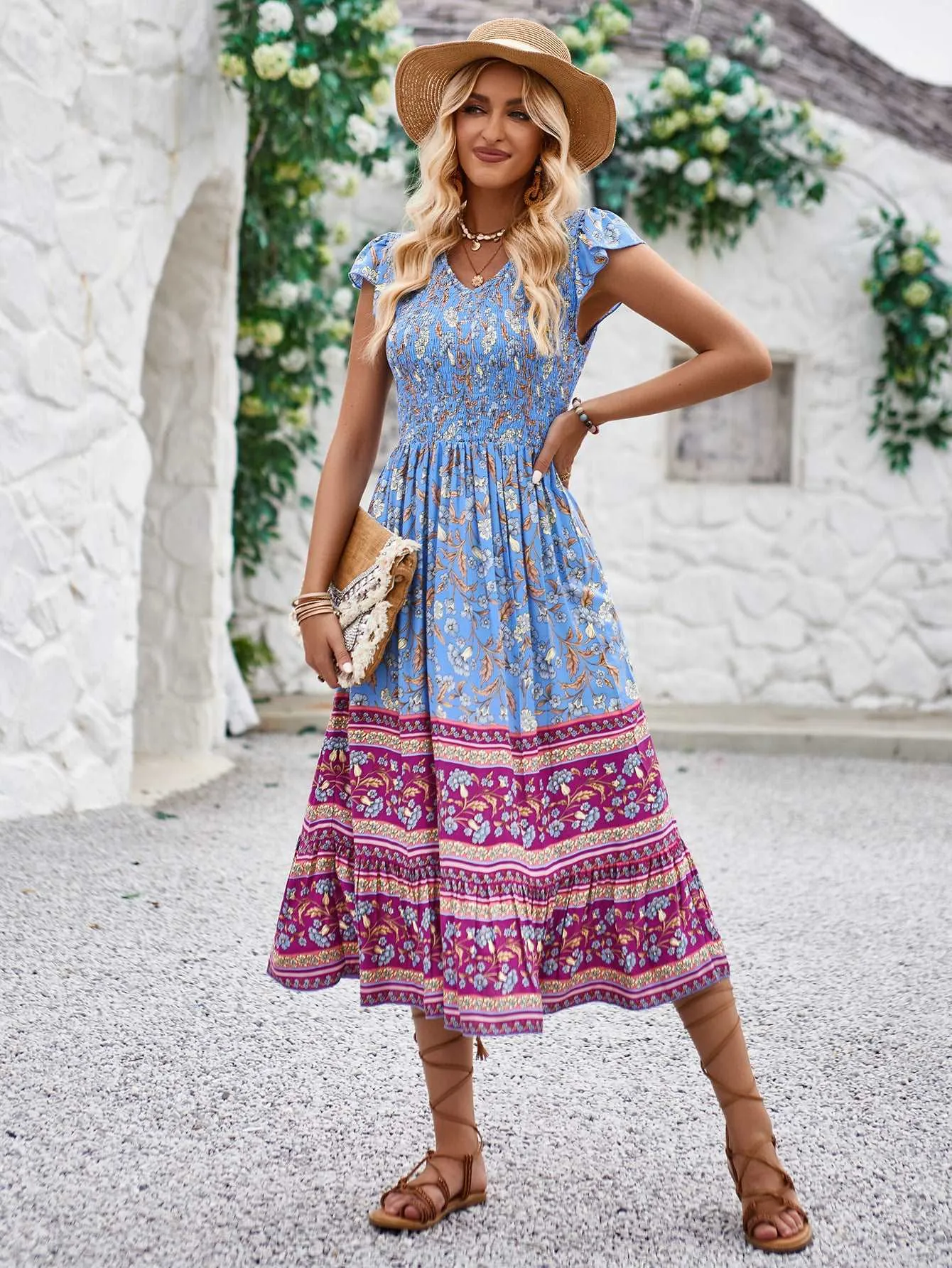 Women's Casual Bohemian Flower Print V-neck Ruffle Sleeveless Dress