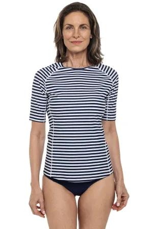 Women's Hightide Short Sleeve Swim Shirt | White/Navy Stripe